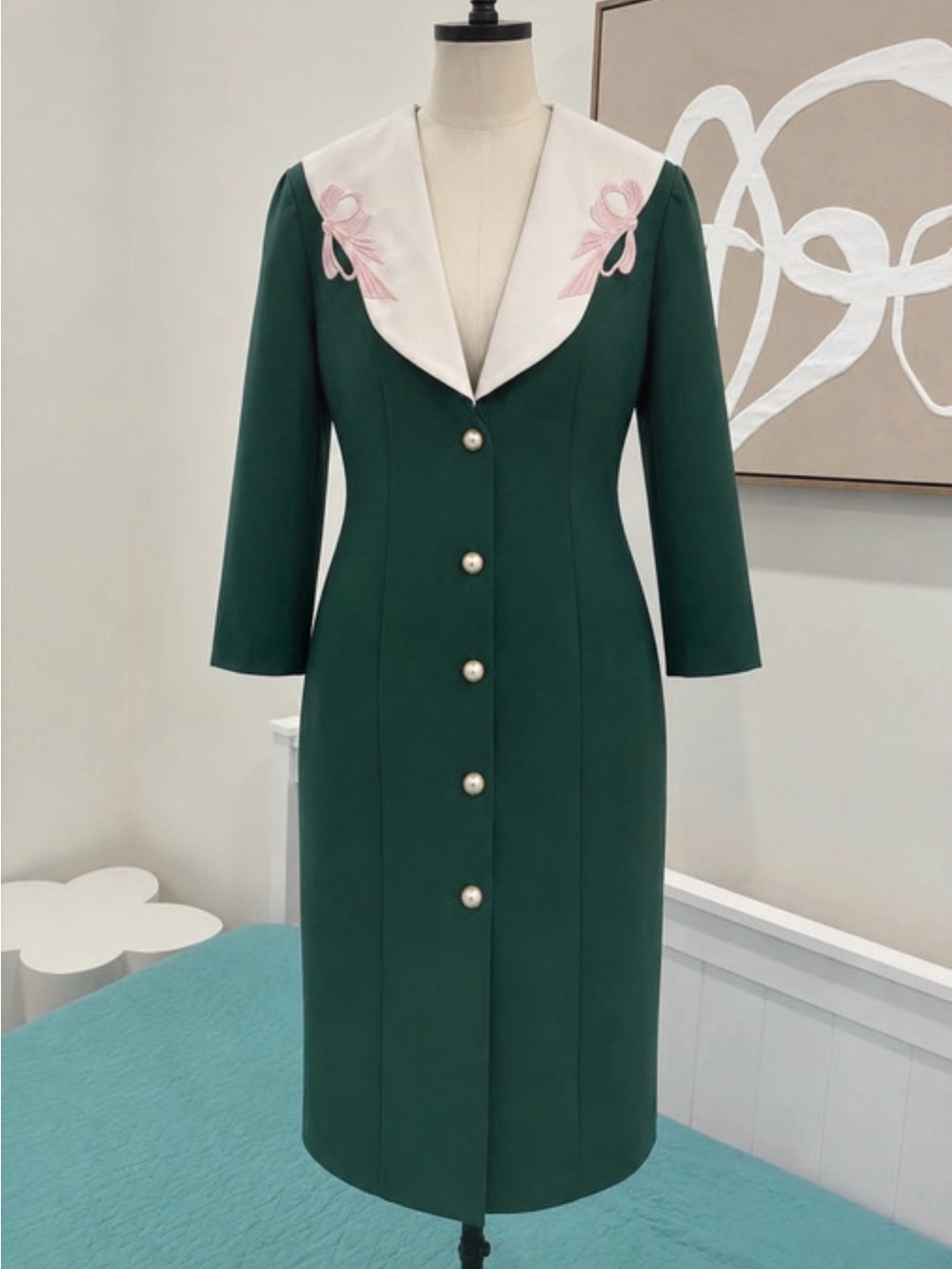 Vintage Whirlaway Frocks Green Midi Dress Size M Sailor Collar Pink Bow Details